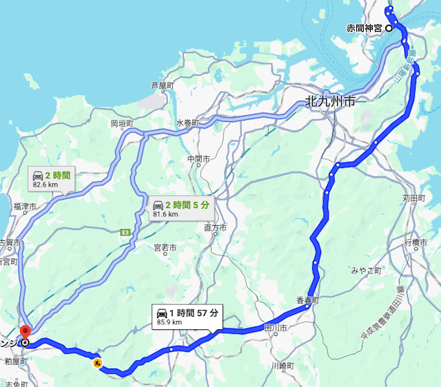 赤間神宮から福岡ICまでのルート