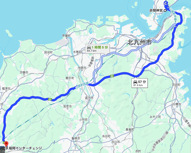 赤間神宮から福岡ICまでの高速ルート